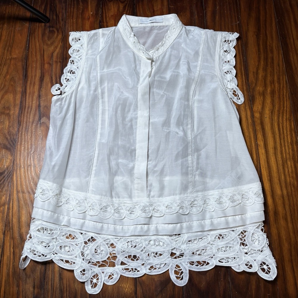 High Claire Campbell White Lace Crochet High Neck Sheer Silk Blouse New